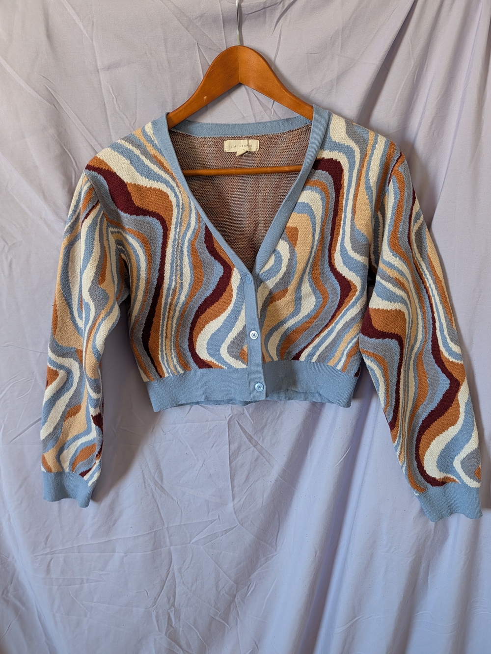 LA Hearts Light Blue  Wave-Pattern Cropped Cardigan Sweater